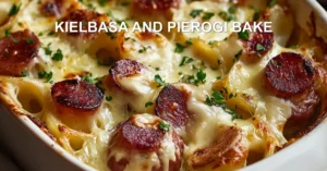 Kielbasa and Pierogi Bake Recipe Easy Comforting Dinner KIELBASA AND PIEROGI BAKE centered hero view, clean and uncluttered