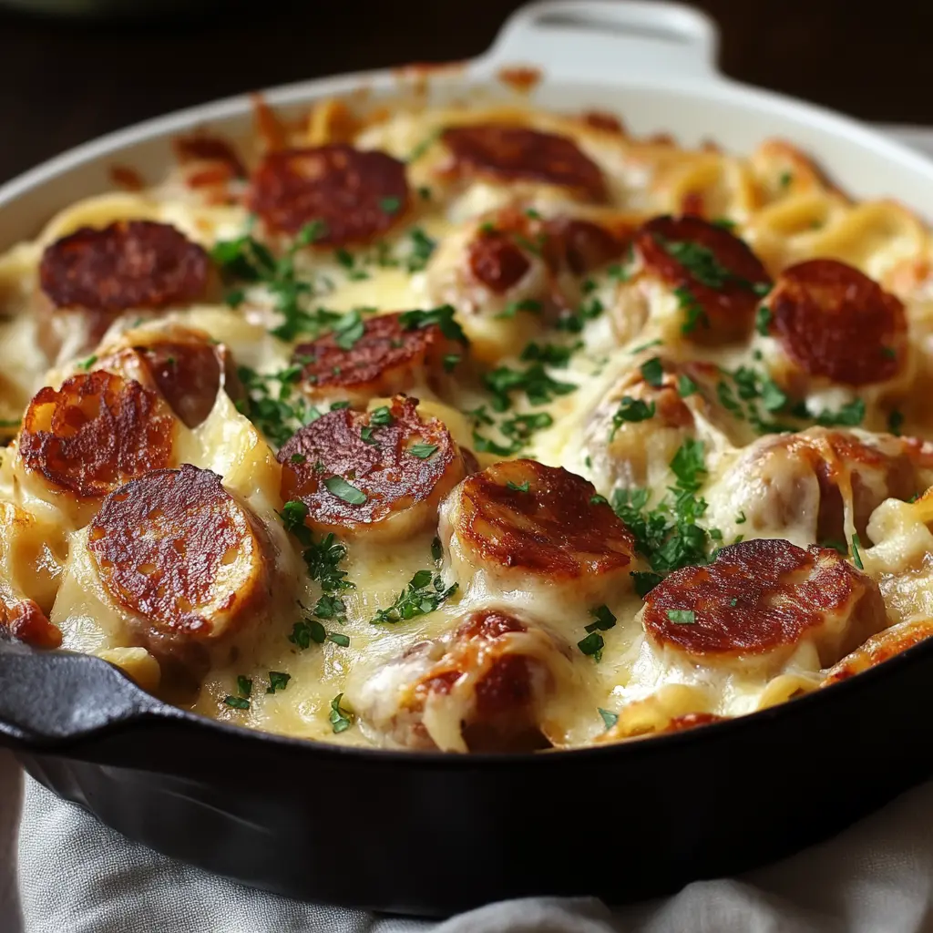 KIELBASA AND PIEROGI BAKE centered hero view, clean and uncluttered