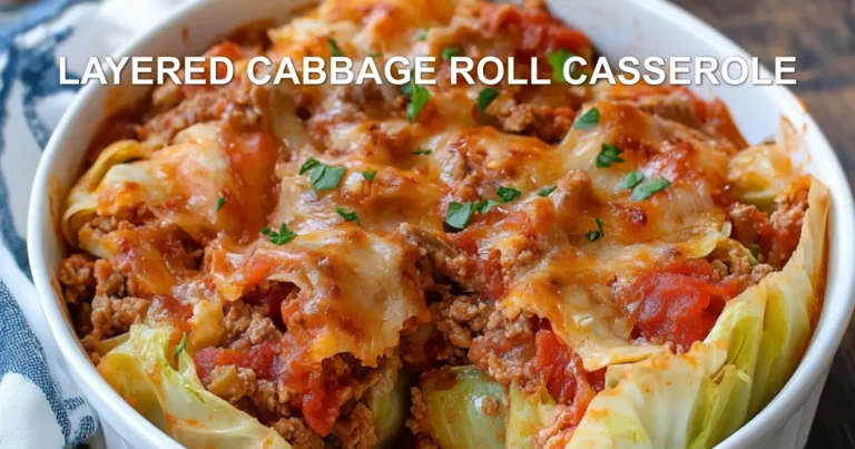 LAYERED CABBAGE ROLL CASSEROLE centered hero view, clean and uncluttered