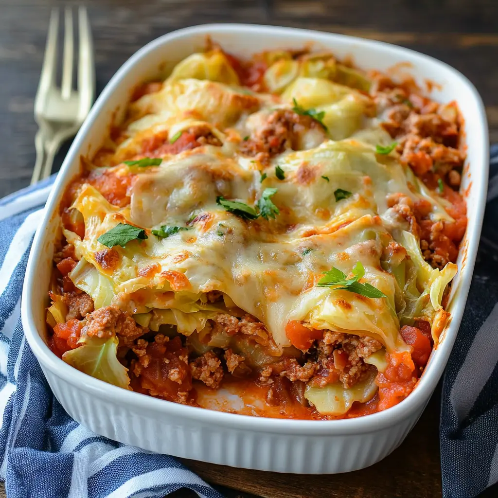 LAYERED CABBAGE ROLL CASSEROLE centered hero view, clean and uncluttered