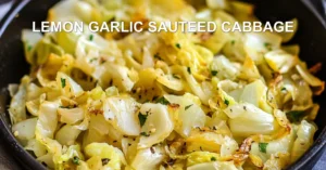 LEMON GARLIC SAUTEED CABBAGE centered hero view, clean and uncluttered