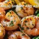 LEMON GARLIC SHRIMP AND ASPARAGUS centered hero view, clean and uncluttered