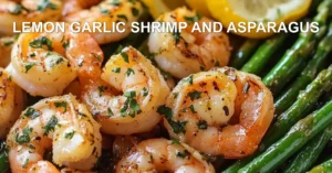Lemon Garlic Shrimp and Asparagus: Quick and Delicious LEMON GARLIC SHRIMP AND ASPARAGUS centered hero view, clean and uncluttered