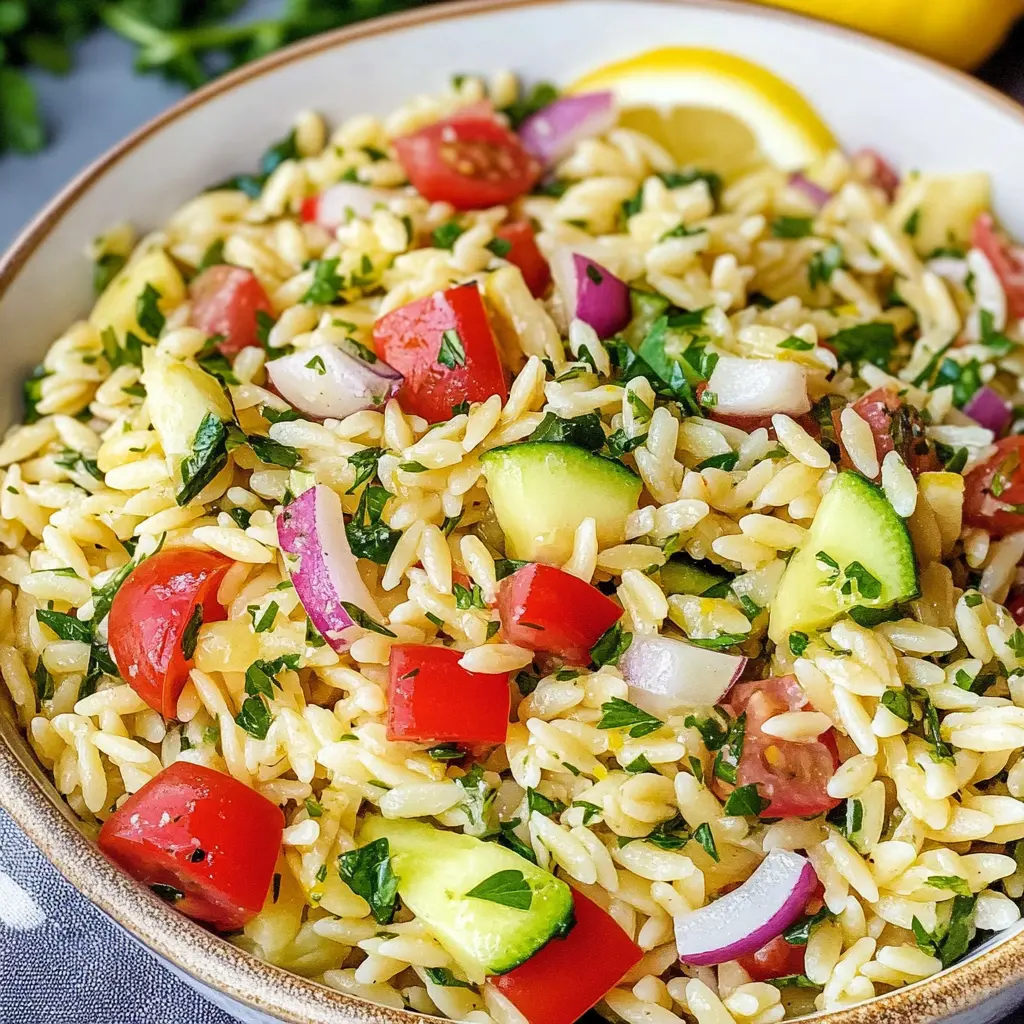 Lemon Orzo Salad Recipe Easy Fresh and Irresistible 6 Lemon Orzo Salad with fresh vegetables and feta cheese, bright and colorful presentation
