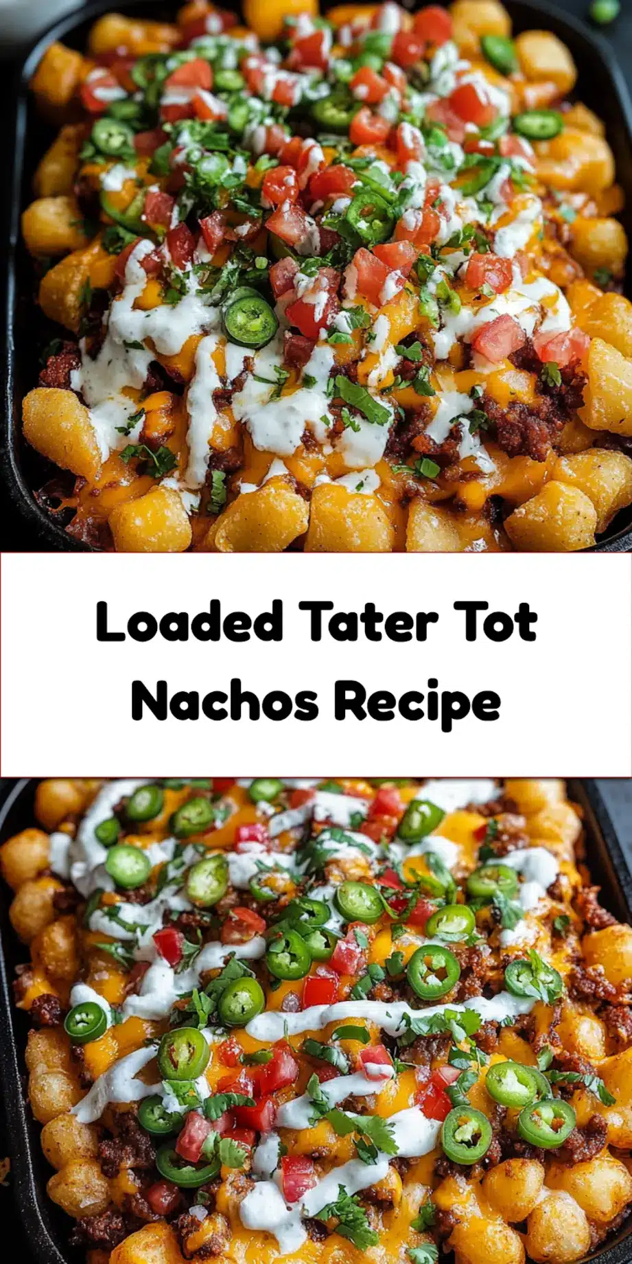 Loaded Tater Tot Nachos: Irresistible Game Day Feast 7 Square platter of Loaded Tater Tot Nachos topped with melted cheese and fresh avocado slices
