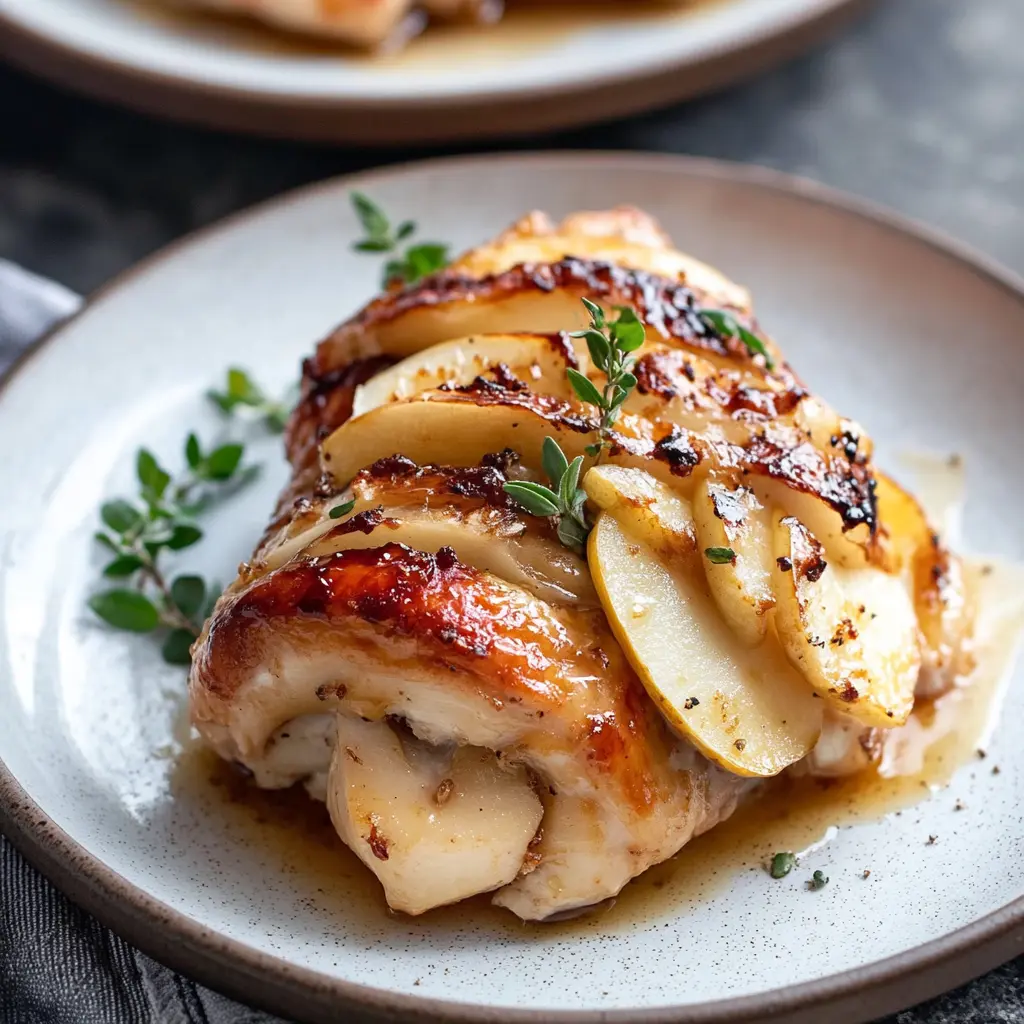 Maple Glazed Apple and Brie Stuffed Chicken Recipe Easy 6 MAPLE GLAZED APPLE AND BRIE STUFFED CHICKEN centered hero view, clean and uncluttered