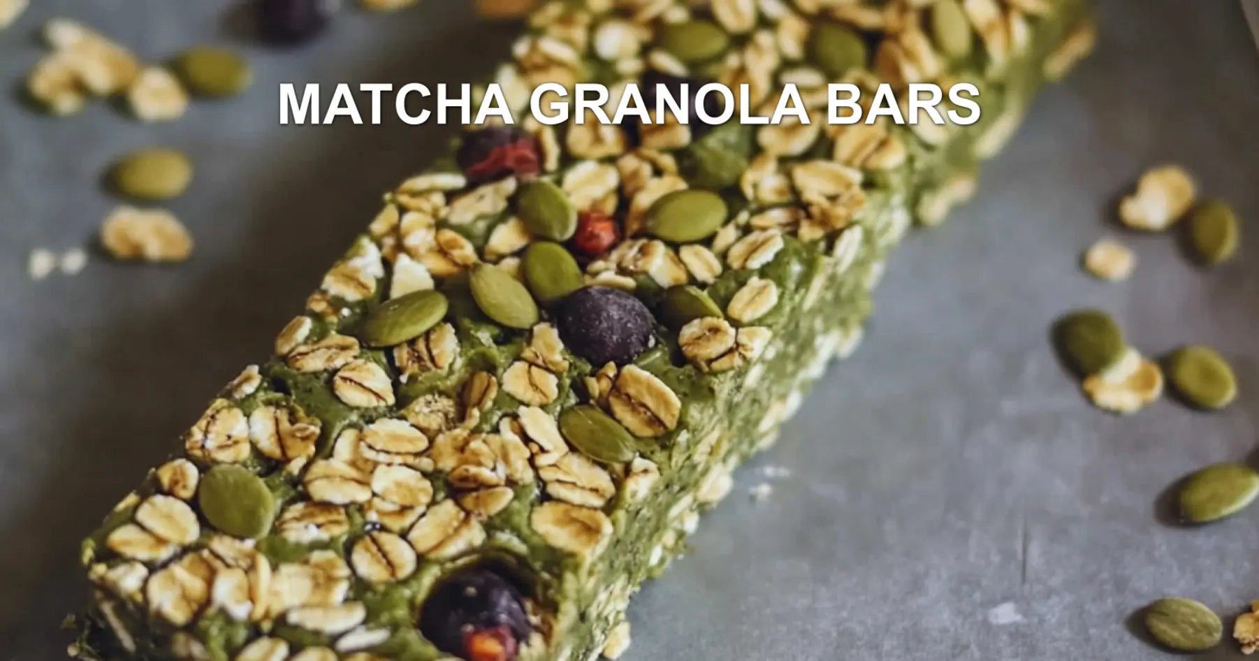 MATCHA GRANOLA BARS centered hero view, clean and uncluttered