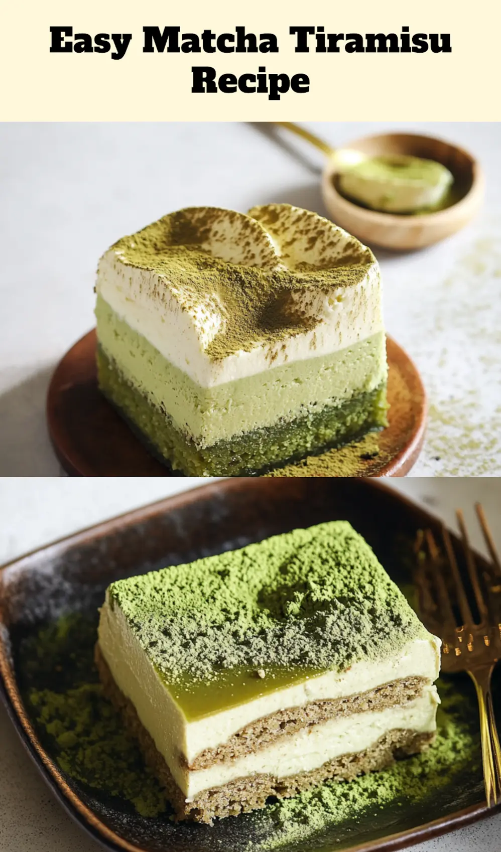 Close-up of finished Matcha Tiramisu with vibrant green layers and dusting of matcha powder