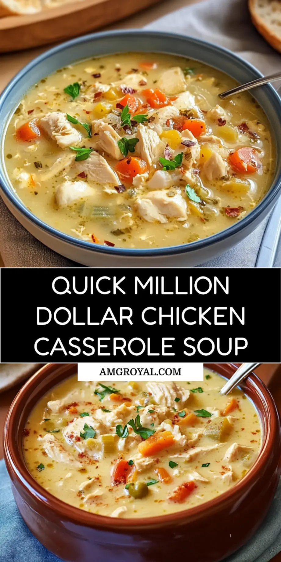 Million Dollar Chicken Casserole Soup Recipe Easy and Delicious 7 MILLION DOLLAR CHICKEN CASSEROLE SOUP centered hero view, clean and uncluttered_pin