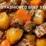 OLD FASHIONED BEEF STEW centered hero view, clean and uncluttered