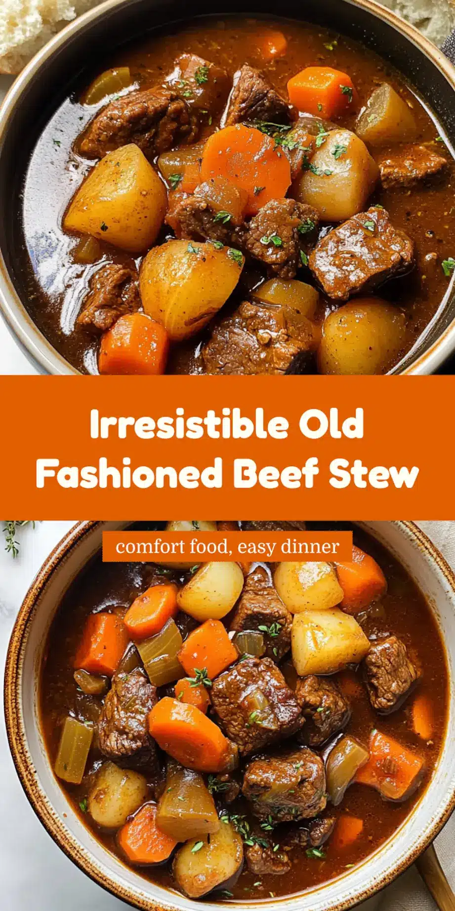 Old Fashioned Beef Stew in a serving bowl, showing tender beef and vegetables