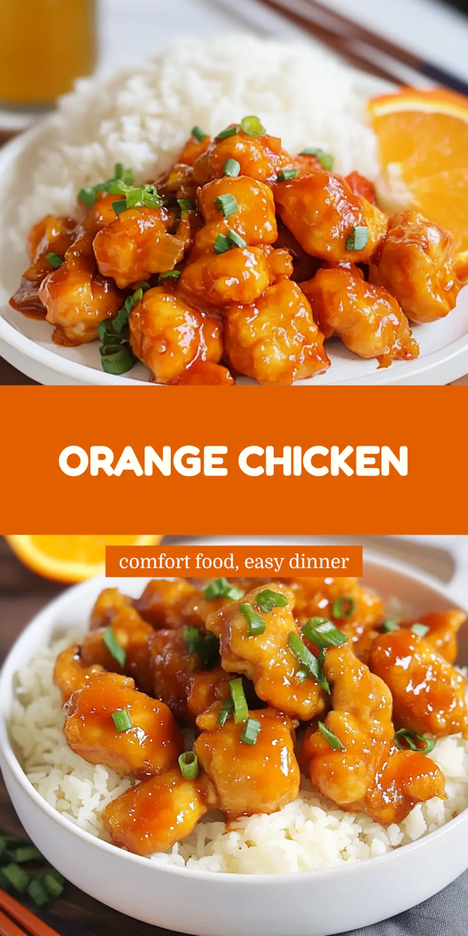 Close-up of orange chicken pieces glazed in bright sauce, clean and uncluttered
