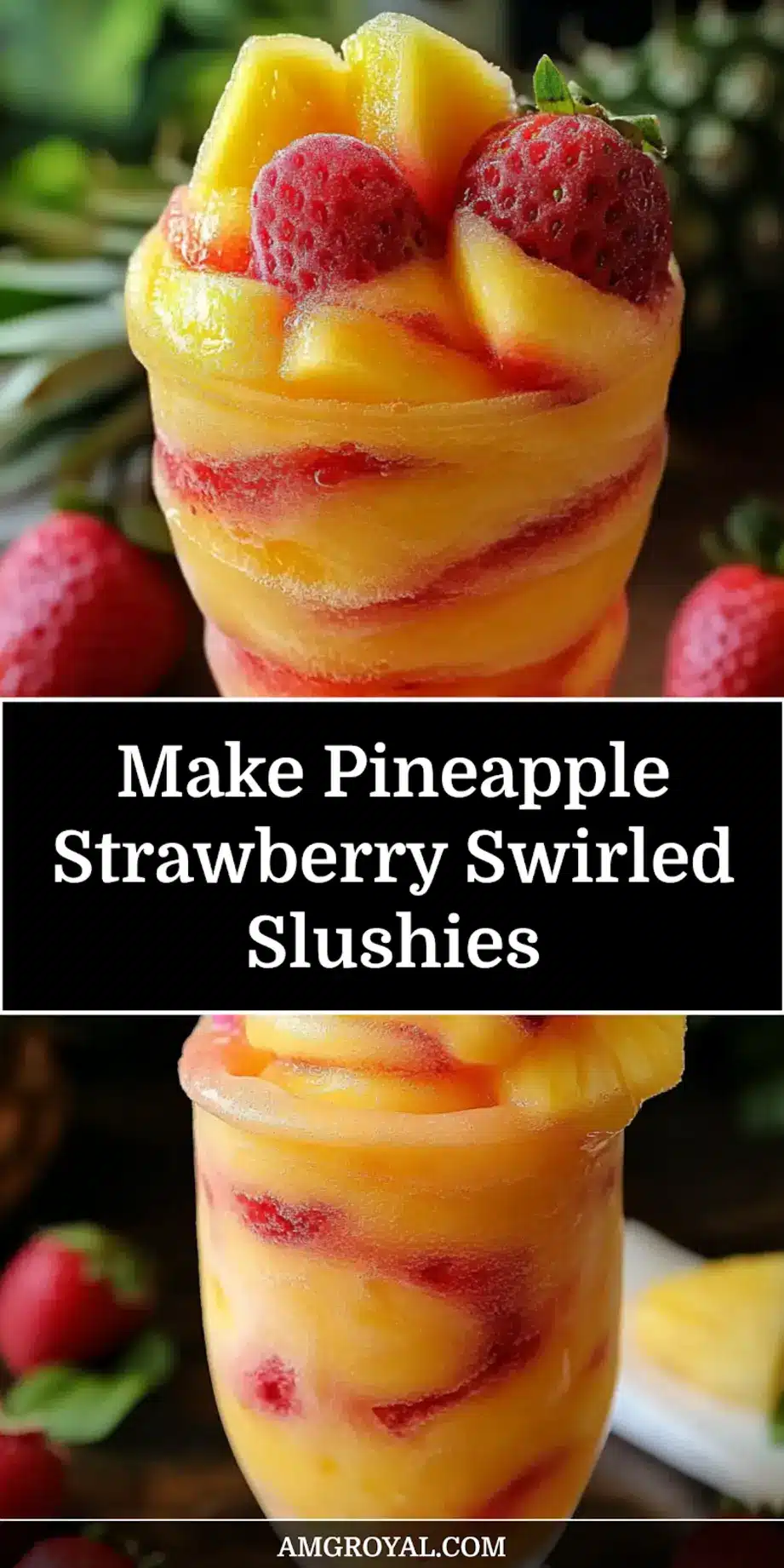 Close-up of Pineapple Strawberry Swirled Slushies showing vibrant golden and pink swirls