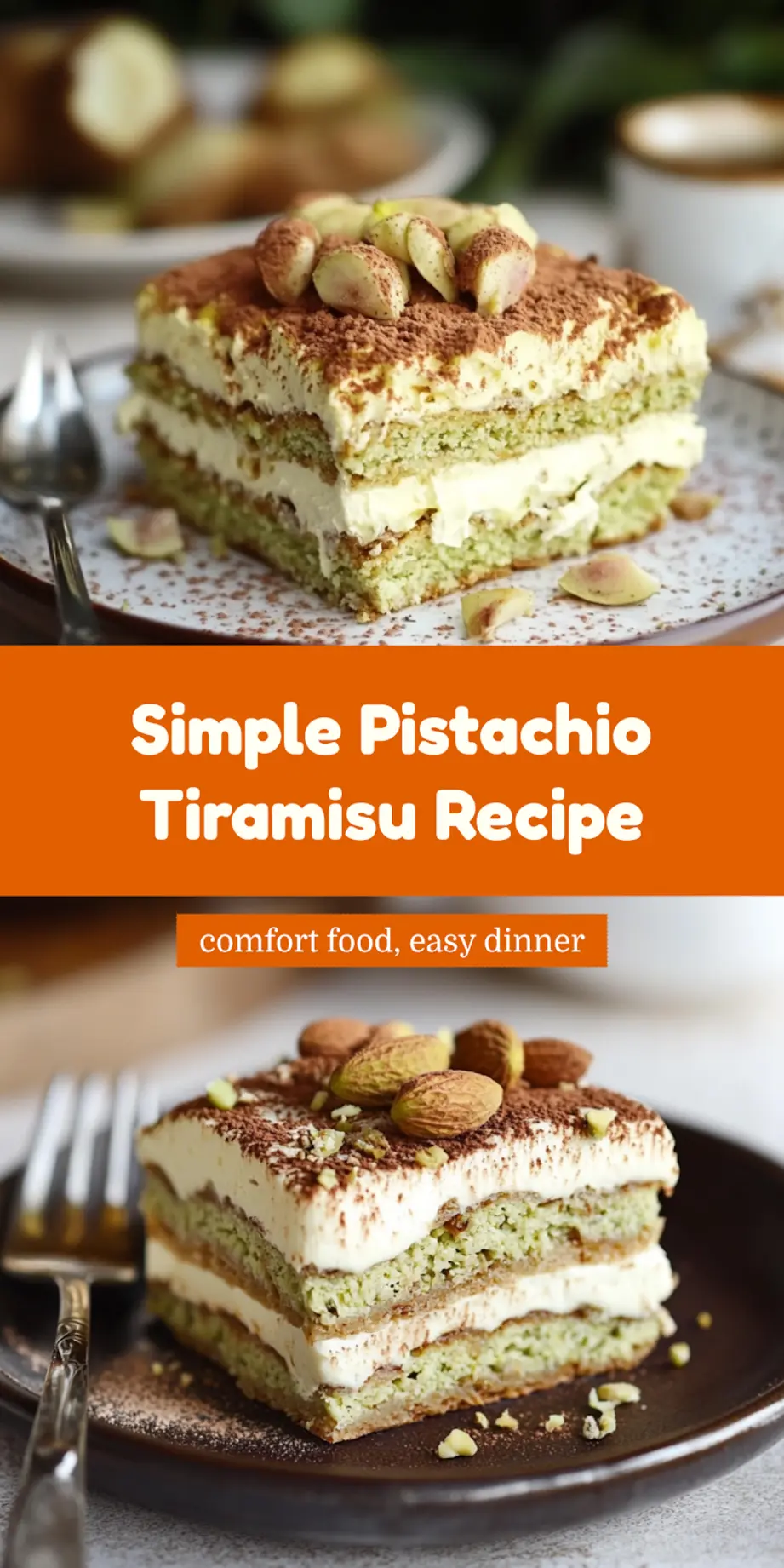 Close-up of pistachio tiramisu with smooth green cream and chopped pistachios on top