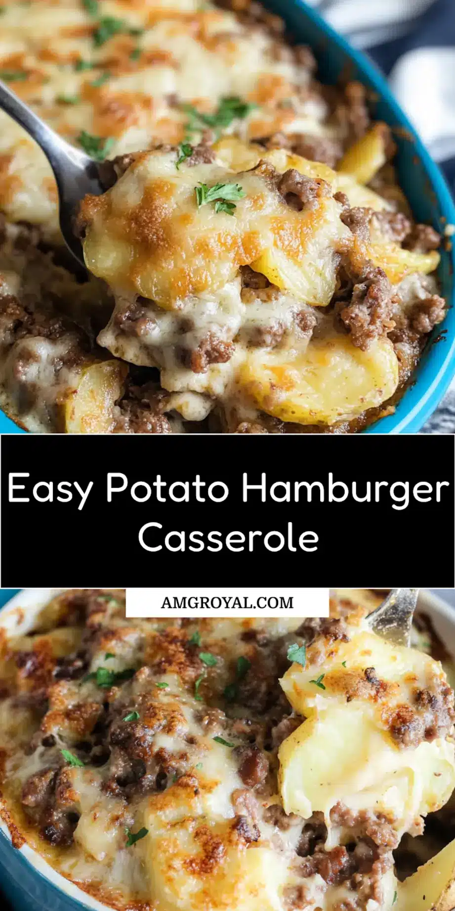 Finished potato hamburger casserole, golden bubbly cheese on top