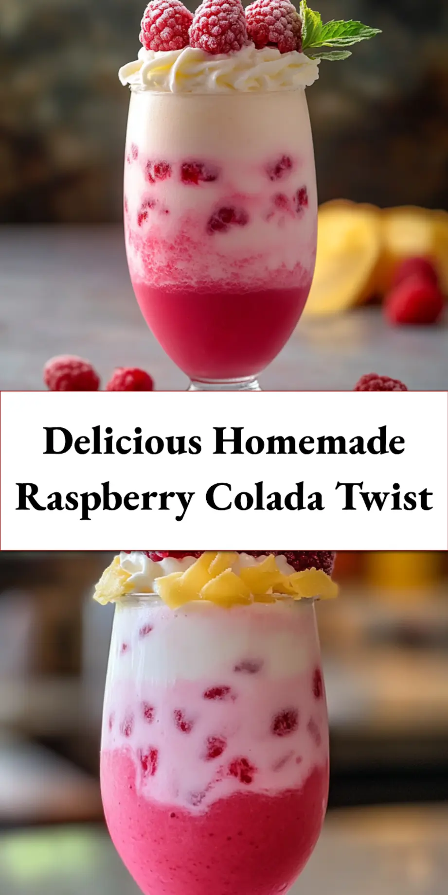 Close-up of Raspberry Colada Twist in a tall glass with garnish