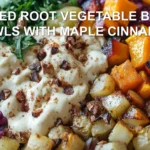 ROASTED ROOT VEGETABLE BUDDHA BOWLS WITH MAPLE CINNAMON centered hero view, clean and uncluttered