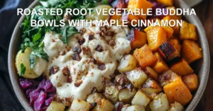 ROASTED ROOT VEGETABLE BUDDHA BOWLS WITH MAPLE CINNAMON centered hero view, clean and uncluttered