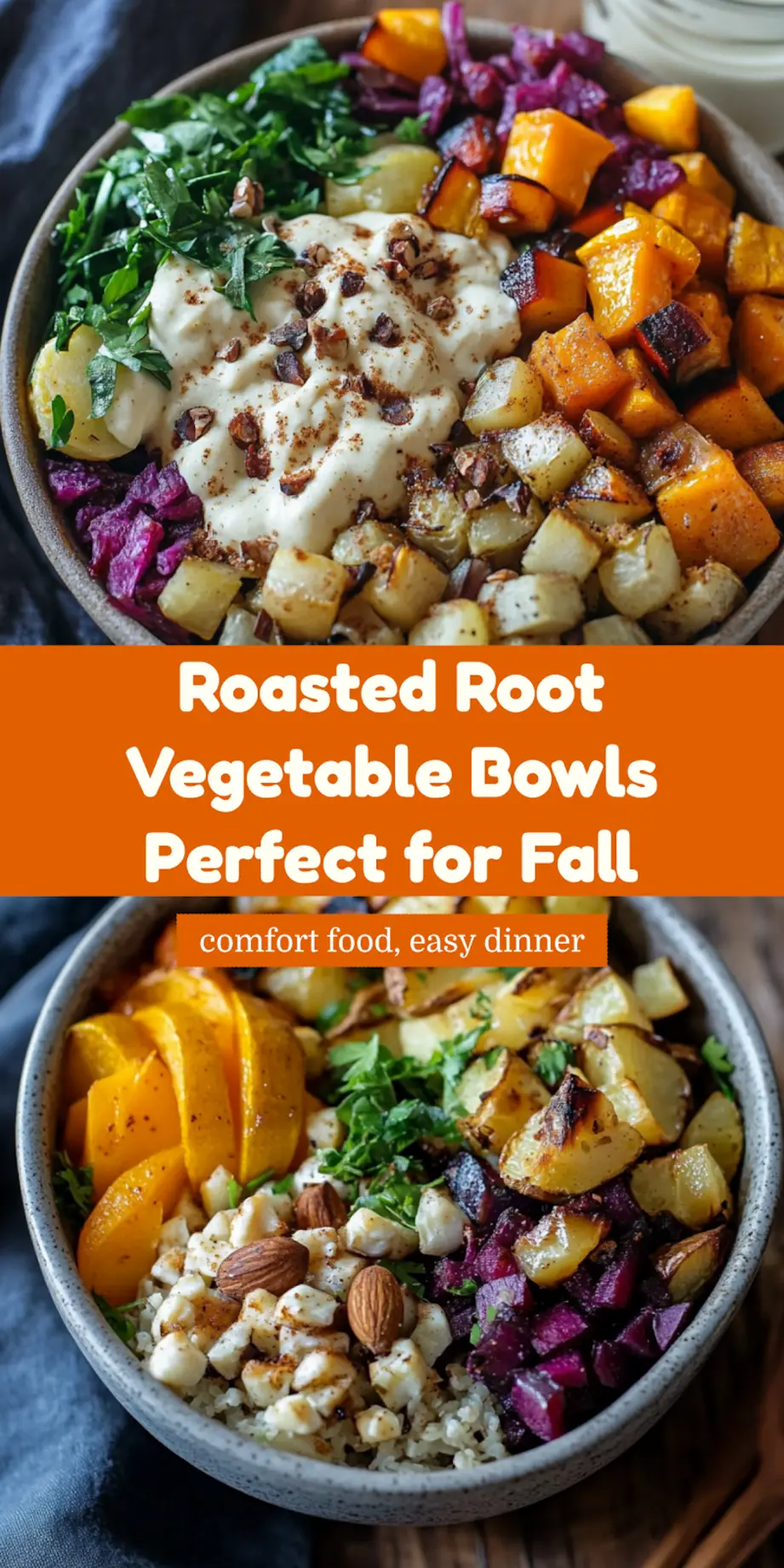 Roasted Root Vegetable Buddha Bowls with Maple Cinnamon 7 Roasted root vegetable Buddha bowls with maple cinnamon - centered hero view, clean and uncluttered