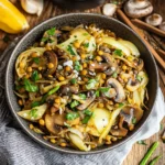 CABBAGE STIR FRY WITH MUSHROOMS AND LENTILS centered hero view, clean and uncluttered