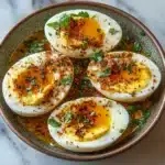 CAJUN BOILED EGGS WITH SPICY GARLIC BUTTER SAUCE centered hero view, clean and uncluttered