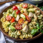 CREAMY AVOCADO CHICKEN PASTA SALAD centered hero view, clean and uncluttered