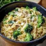 CREAMY ORZO WITH PARMESAN AND BROCCOLI centered hero view, clean and uncluttered
