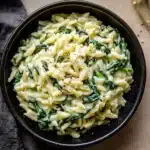 CREAMY PARMESAN SPINACH ORZO centered hero view, clean and uncluttered