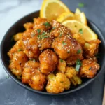 GLAZED ORANGE CAULIFLOWER CHICKEN centered hero view, clean and uncluttered