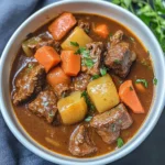 HEARTY HOMESTYLE BEEF STEW centered hero view, clean and uncluttered