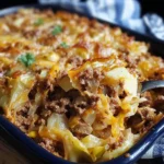 KETO CABBAGE CASSEROLE WITH GROUND BEEF centered hero view, clean and uncluttered