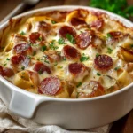 KIELBASA AND PIEROGI BAKE centered hero view, clean and uncluttered