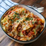 LAYERED CABBAGE ROLL CASSEROLE centered hero view, clean and uncluttered