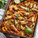 SHEET PAN CHICKEN FAJITAS centered hero view, clean and uncluttered