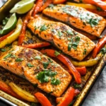 SHEET PAN FAJITA SALMON centered hero view, clean and uncluttered