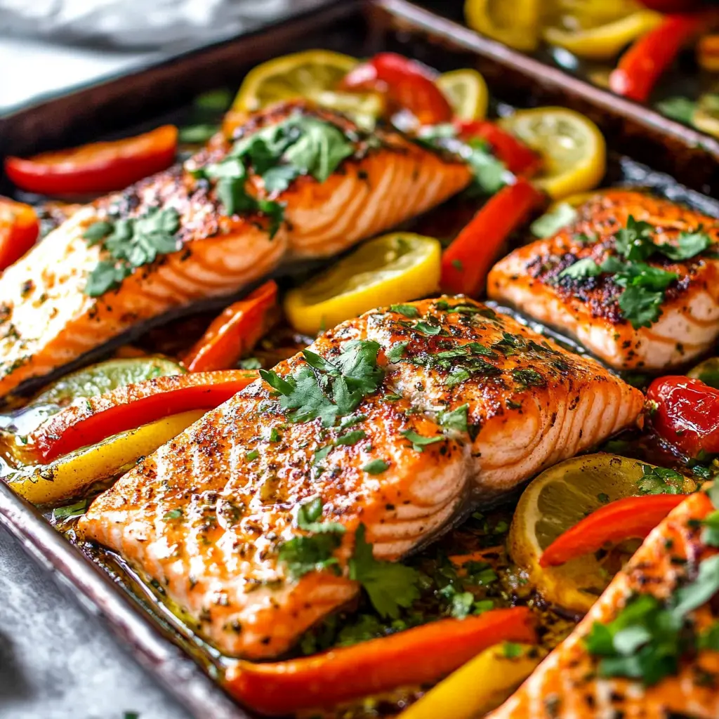 Sheet Pan Fajita Salmon with colorful peppers and onions on a baking sheet