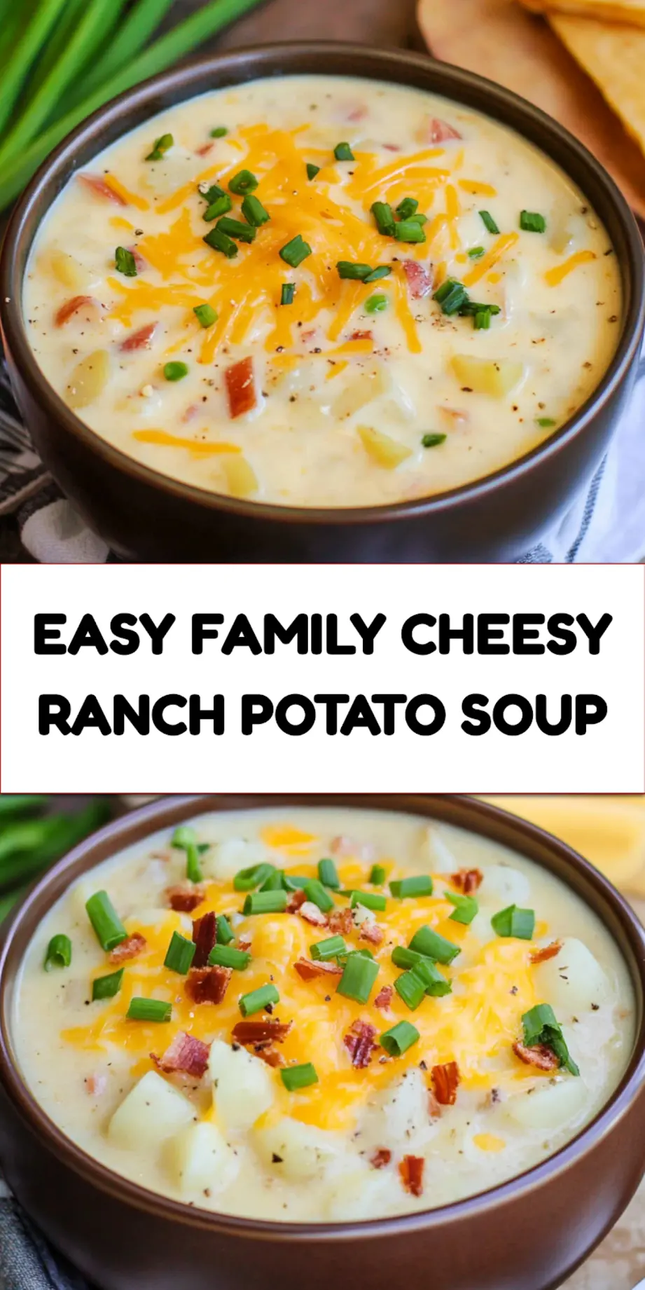 Slow Cooker Cheesy Ranch Potato Soup pin image, centered hero view, clean and uncluttered