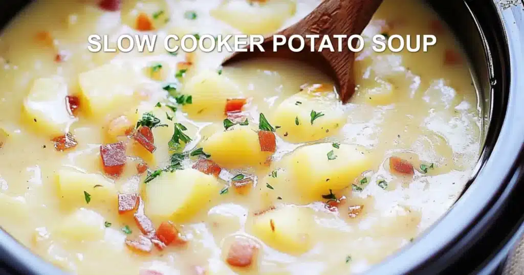 SLOW COOKER POTATO SOUP centered hero view, clean and uncluttered