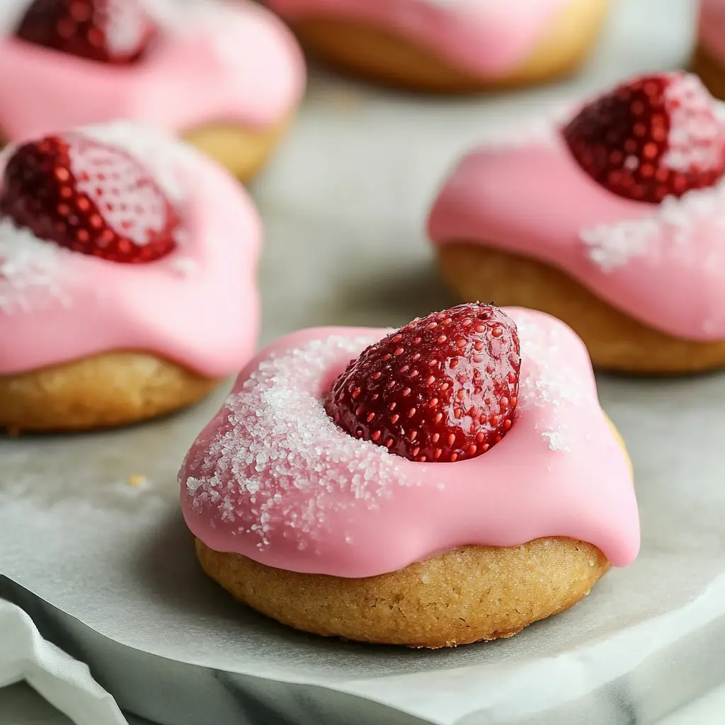 Strawberry Kiss Cookies Recipe Easy and Irresistible 6 Strawberry kiss cookies with chocolate centers on a white plate
