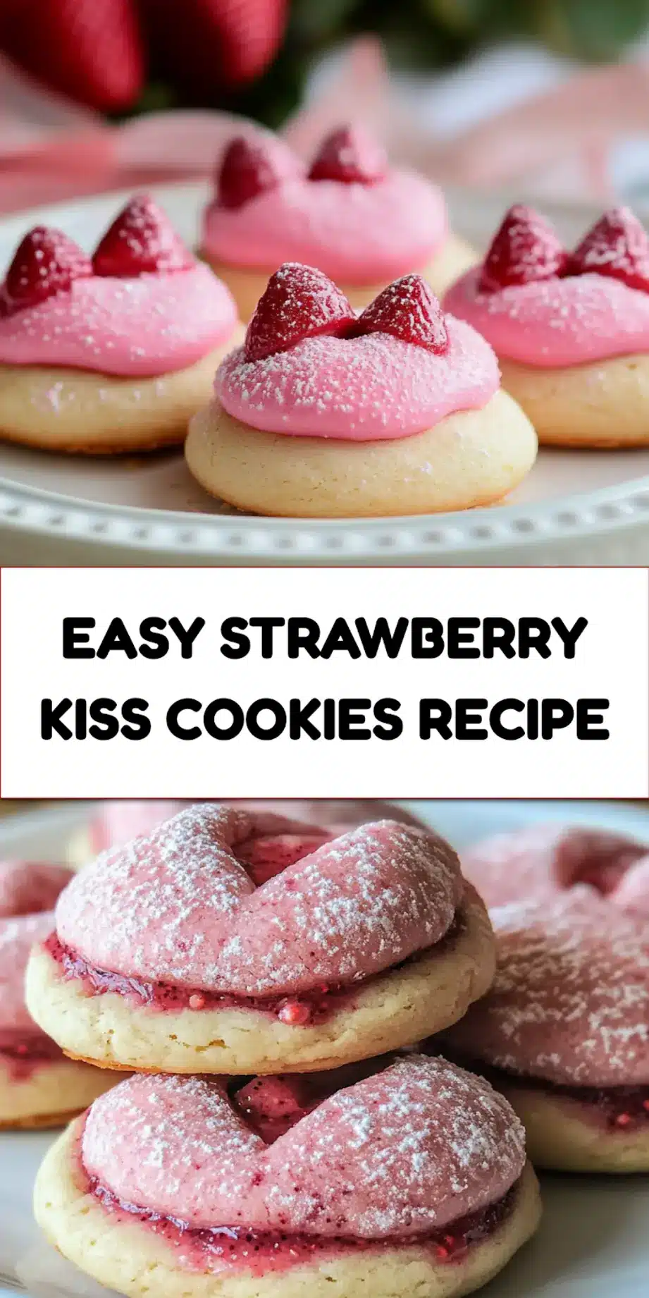 Strawberry Kiss Cookies Recipe Easy and Irresistible 7 Strawberry kiss cookies with chocolate centers styled for Pinterest