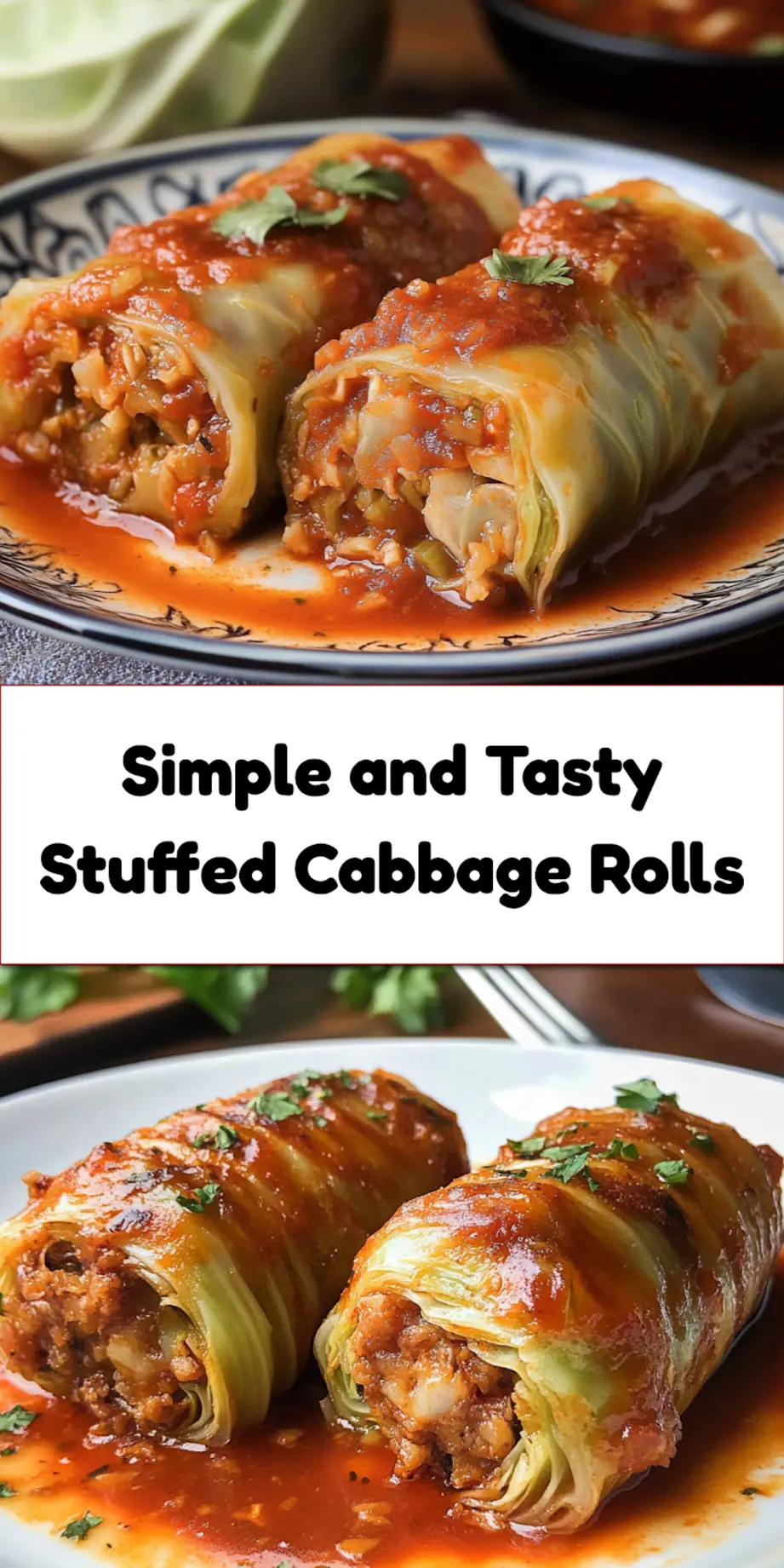 Plated stuffed cabbage rolls with tomato sauce and fresh parsley garnish