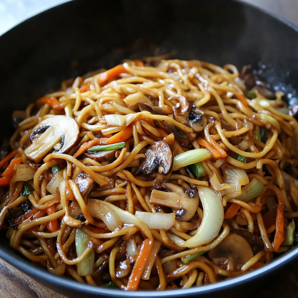 Vegetable Lo Mein with Cabbage and Mushrooms centered hero view, clean and uncluttered