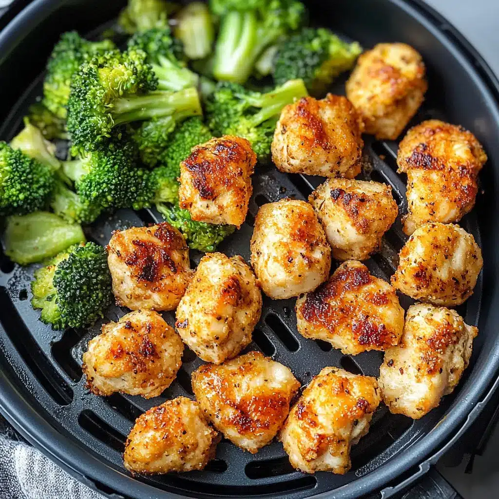 AIR FRYER CHICKEN BITES AND BROCCOLI centered hero view, clean and uncluttered