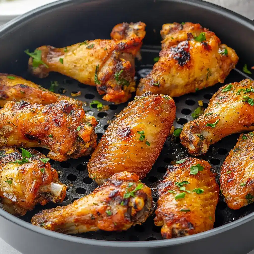 Air fryer frozen chicken wings with crispy golden skin on a white plate