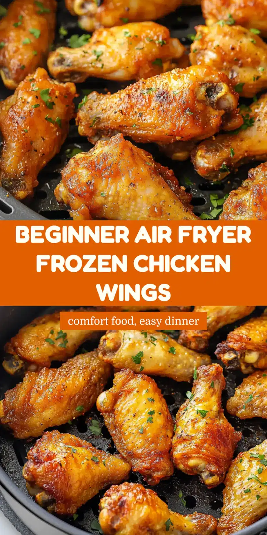Air fryer frozen chicken wings Pinterest pin with crispy golden wings