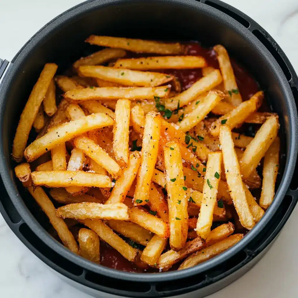 Air fryer frozen french fries golden and crispy on a serving plate