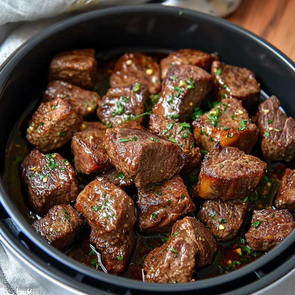 Air fryer garlic butter steak bites centered hero view, clean and uncluttered