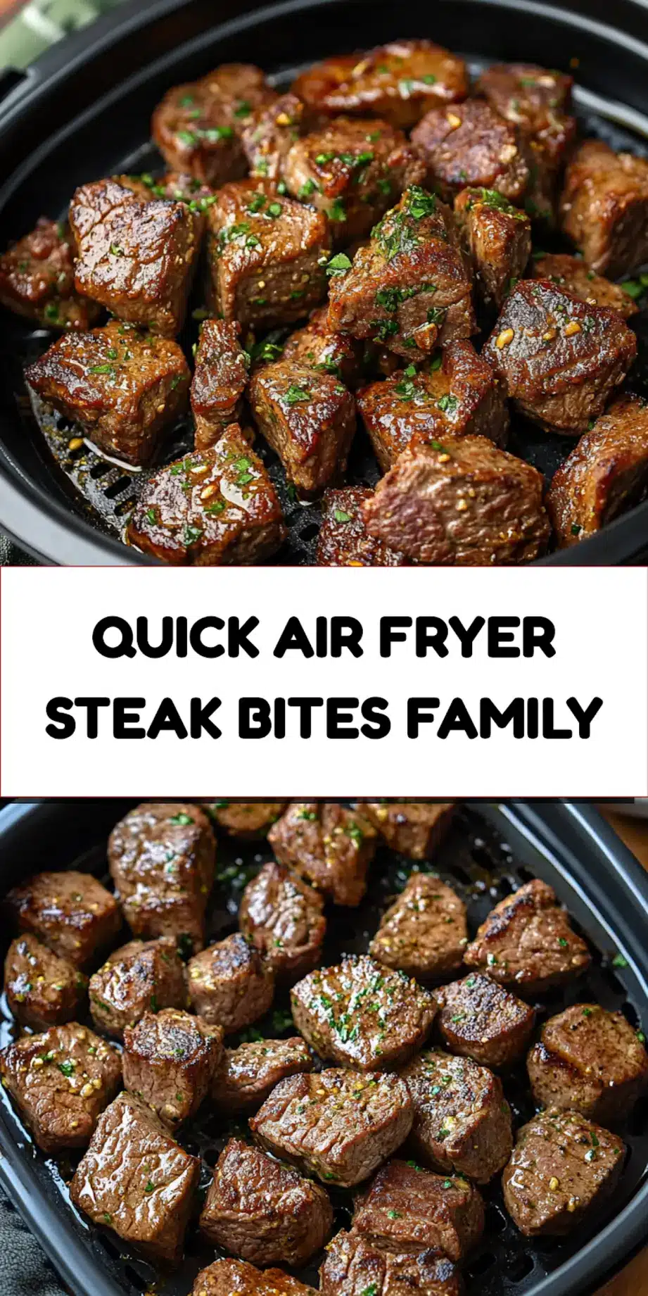Air fryer garlic butter steak bites centered hero view, clean and uncluttered for Pinterest