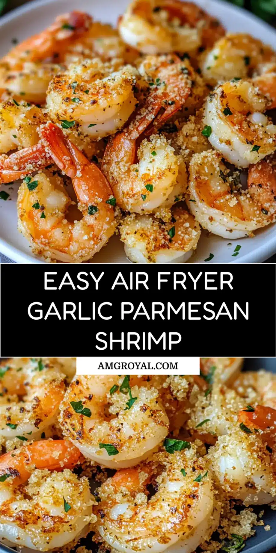 Air Fryer Garlic Parmesan Shrimp Pinterest image with golden shrimp and lemon wedges