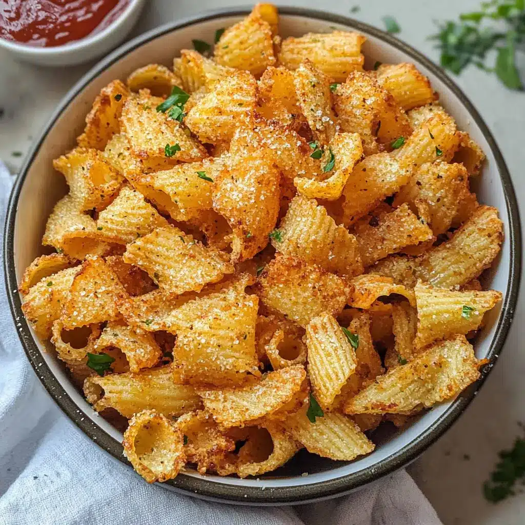 Air fryer pasta chips on a white plate, golden and crispy